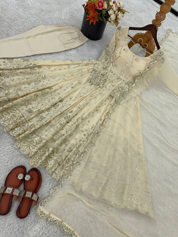 Crunchy Silk Embroidery Work Cream Color Anarkali Suit