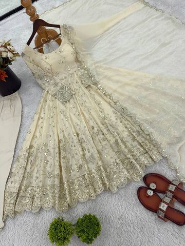 Crunchy Silk Embroidery Work Cream Color Anarkali Suit