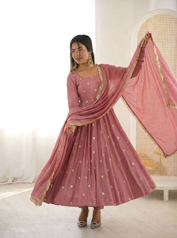 Pink Roman Silk Embroidery Work Anarkali Suit