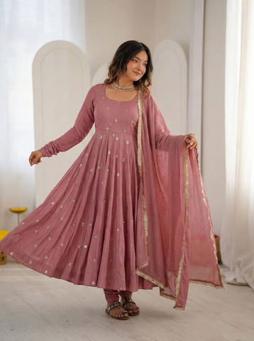 Pink Roman Silk Embroidery Work Anarkali Suit