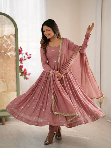 Pink Roman Silk Embroidery Work Anarkali Suit