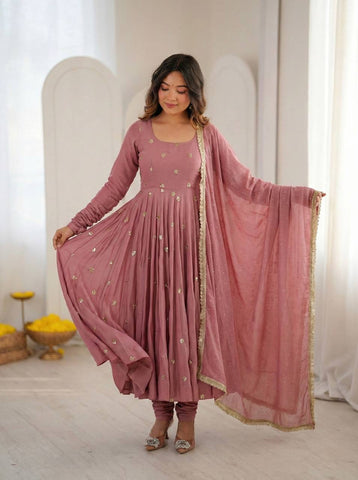 Pink Roman Silk Embroidery Work Anarkali Suit