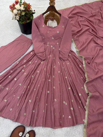 Pink Roman Silk Embroidery Work Anarkali Suit