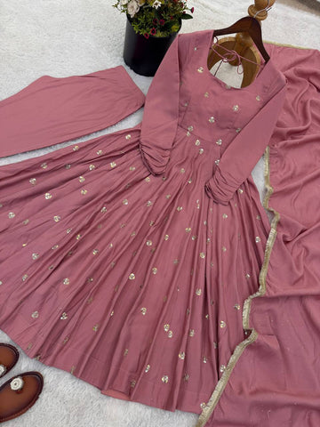 Pink Roman Silk Embroidery Work Anarkali Suit