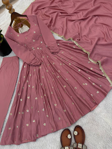 Pink Roman Silk Embroidery Work Anarkali Suit
