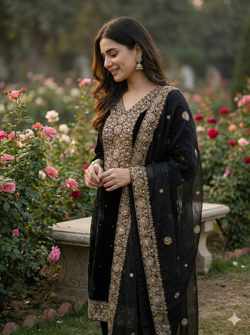 Black Fendy Silk with Embroidery Work Classic Palazzo Suit