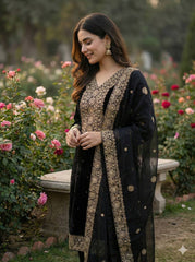 Black Fendy Silk with Embroidery Work Classic Palazzo Suit