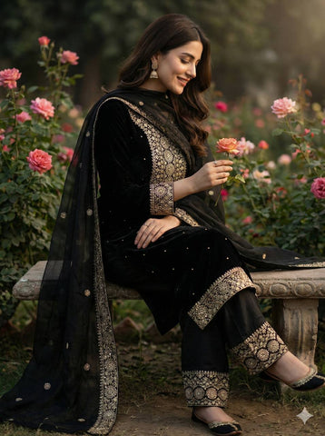 Black Fendy Silk with Embroidery Work Classic Palazzo Suit