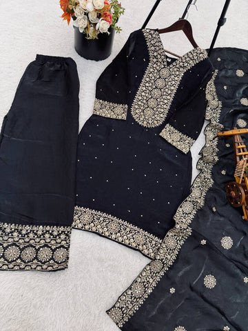 Black Fendy Silk with Embroidery Work Classic Palazzo Suit
