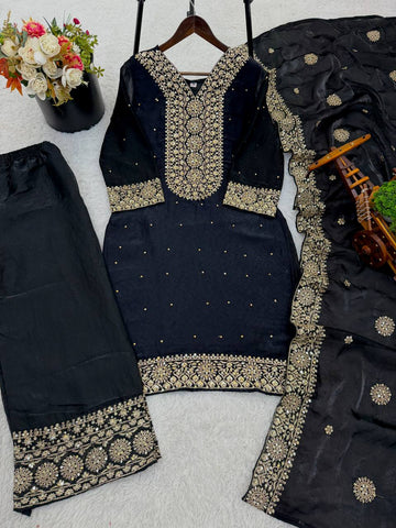 Black Fendy Silk with Embroidery Work Classic Palazzo Suit