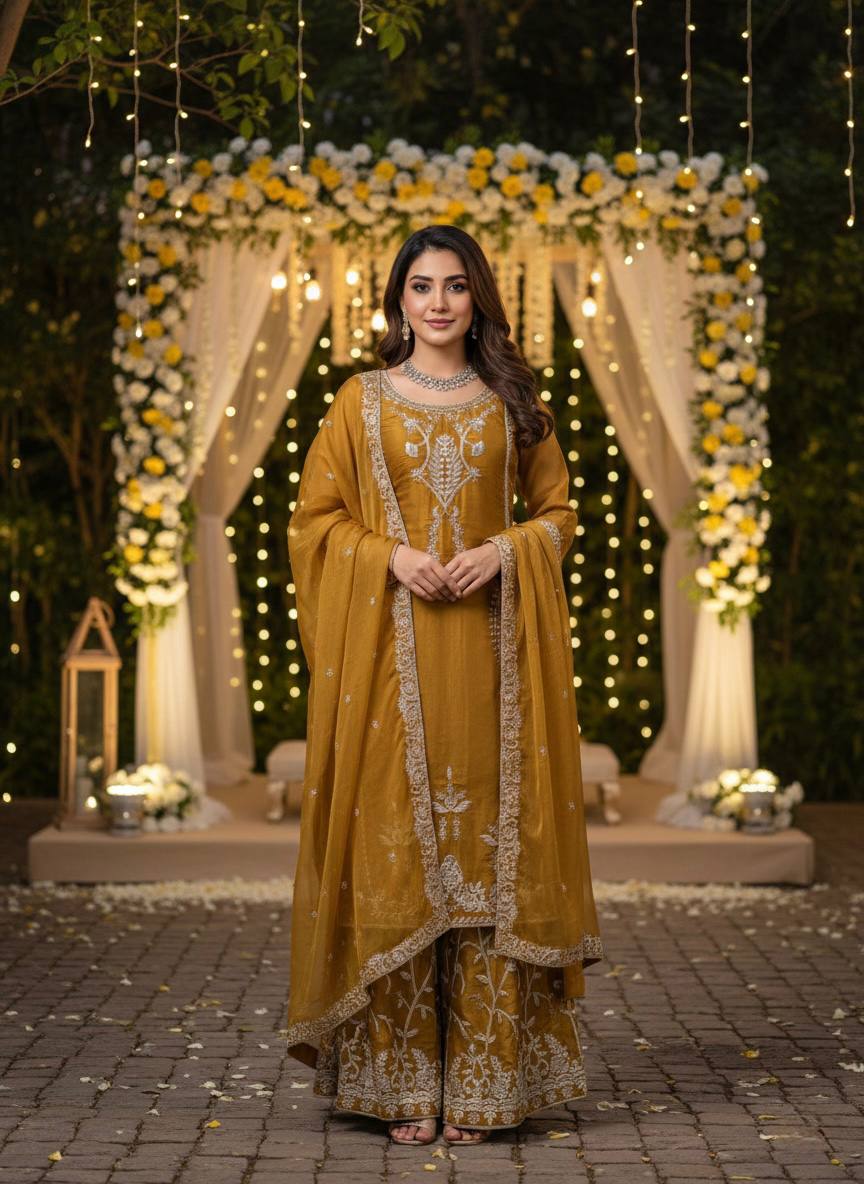 Captivating Mustard JMC Silk Thread & Sequence Work Palazzo Suit