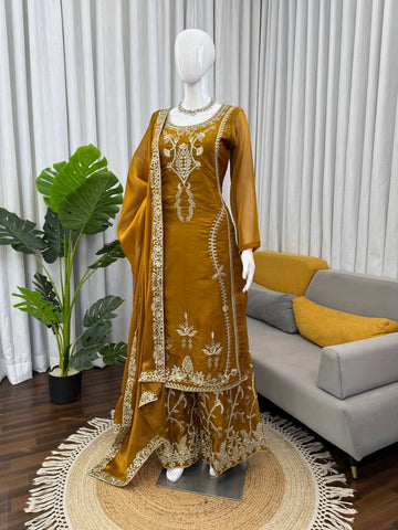 Captivating Mustard JMC Silk Thread & Sequence Work Palazzo Suit