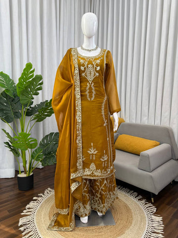 Captivating Mustard JMC Silk Thread & Sequence Work Palazzo Suit