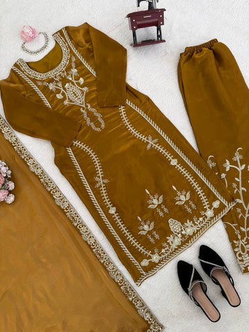 Captivating Mustard JMC Silk Thread & Sequence Work Palazzo Suit