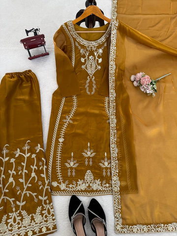 Captivating Mustard JMC Silk Thread & Sequence Work Palazzo Suit