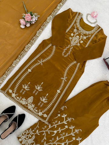 Captivating Mustard JMC Silk Thread & Sequence Work Palazzo Suit