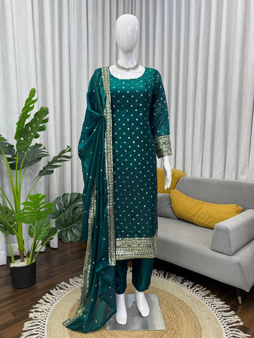 Gorgeous Green Heavy Fendy Silk Work Suit