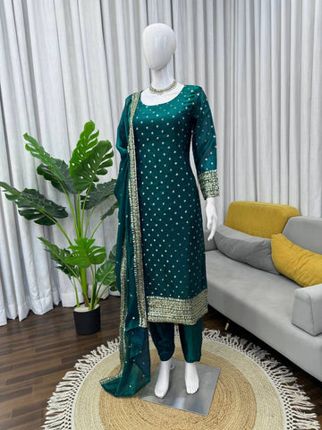 Gorgeous Green Heavy Fendy Silk Work Suit