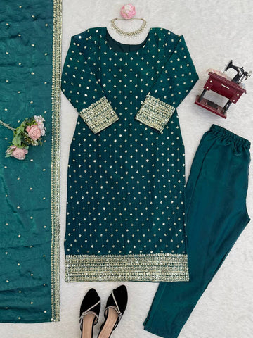 Gorgeous Green Heavy Fendy Silk Work Suit
