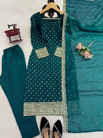 Gorgeous Green Heavy Fendy Silk Work Suit
