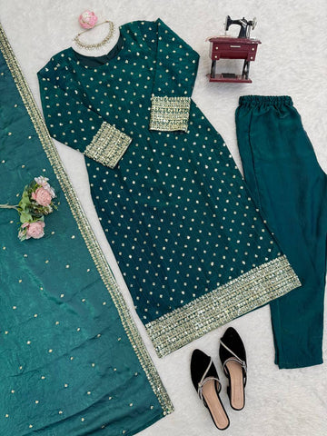 Gorgeous Green Heavy Fendy Silk Work Suit