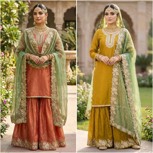 Alluring Orange Silk with Sequence Work Sharara Suit