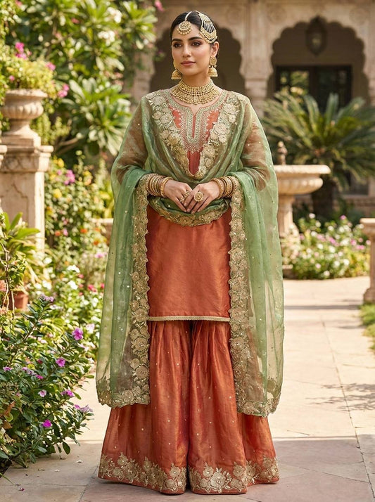 Alluring Orange Silk with Sequence Work Sharara Suit