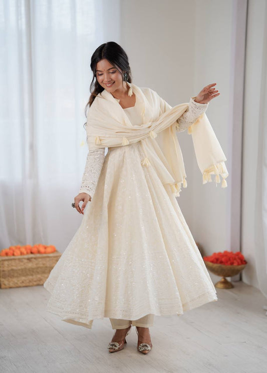 Gorgeous White Kora Cotton Work Anarkali Gown