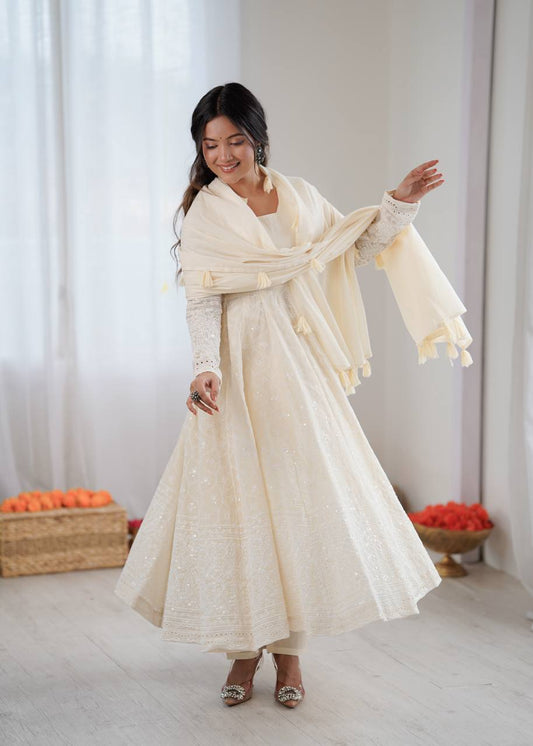 Gorgeous White Kora Cotton Work Anarkali Gown