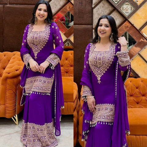 Elegant Purple Silk with Sequence Work Sharara Suit
