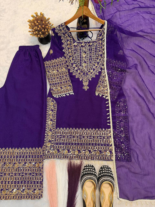 Elegant Purple Silk with Sequence Work Sharara Suit