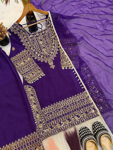 Elegant Purple Silk with Sequence Work Sharara Suit
