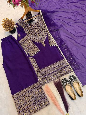 Elegant Purple Silk with Sequence Work Sharara Suit