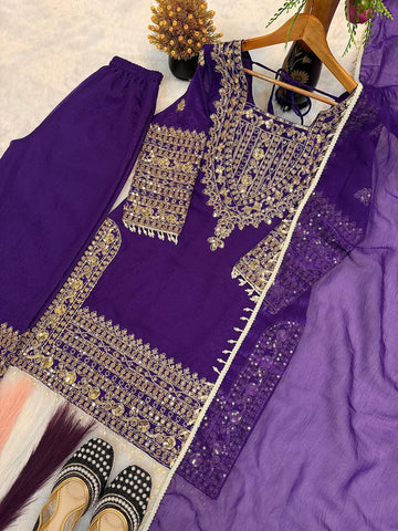 Elegant Purple Silk with Sequence Work Sharara Suit