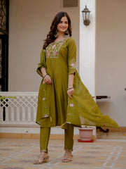 Alluring Rust Pure Viscose Mango Silk Multi Embroidery Work Kurti Set