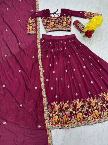 Charming Purple Chinon Embroidery Work Lehenga Choli