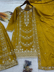 Exclusive Parrot Green Chinon Embroidery Work Palazzo Suit