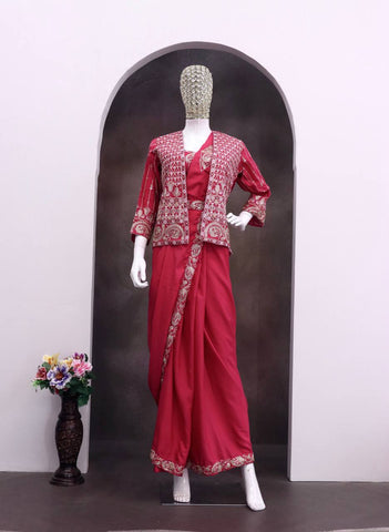 Exclusive Pink Heavy Crep Silk Embroidery Sequence Saree Set