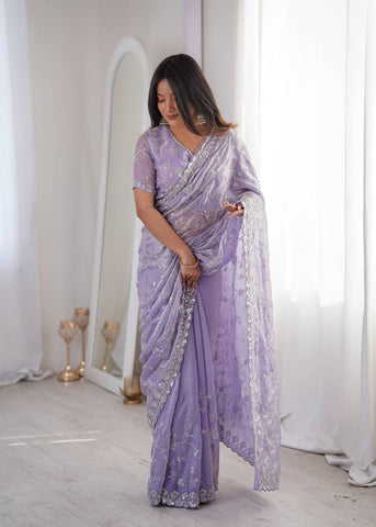 Opulent Peach Silk Saree with Beads Work