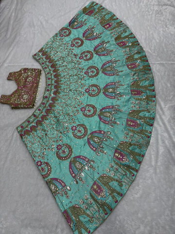 Stunning Aqua Green Silk with Embroidery Work Lehenga