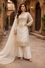 Lovely White Heavy Frendy Silk Embroidery Work Palazzo Suit