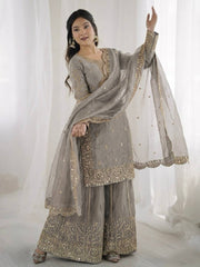 Captivating Orange Fendy Silk Embroidery Palazzo Suit