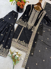 Alluring Black Silk with Sequence Work Sharara Suit
