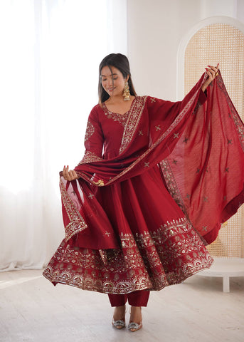 Stylish Red Roman Silk with Embroidery Sequence Work Gown