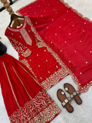 Captivating Orange Fendy Silk Embroidery Palazzo Suit
