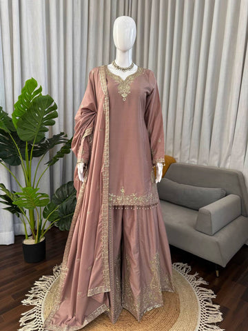 Stunning Brown Heavy Natural Crepe with Intricate Thread Work Sharara Suit