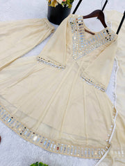 Exclusive Cream Tebby Organza Silk Real Mirror Work Sharara