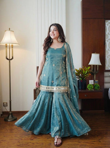 Alluring Fendy Silk Embroidery Sharara Suit