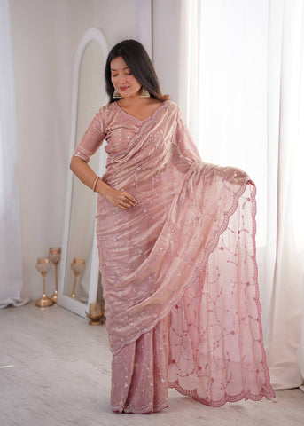 Lovely Pink Silk with Fancy Work Saree