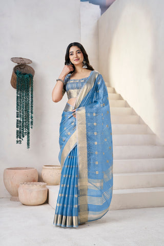 Exclusive Green Soft Linan Cotton Silk Zari Work Saree